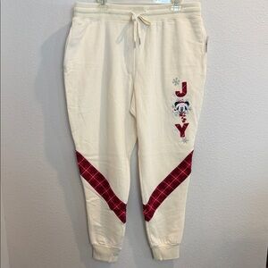 Disney Parks Cream Joggers with Red Plaid Accents